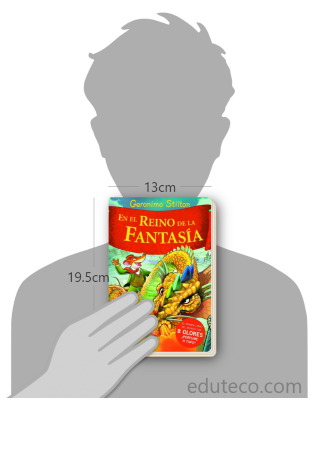 Comparación del tamaño de el libro En el reino de la fantasía : ¡Libro con olores! respecto a una persona. Este mide 13 centímetros de ancho por 19.5 centímetros de alto