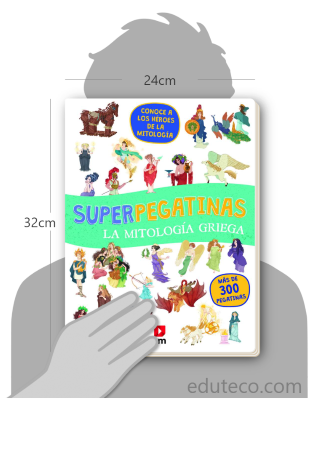Comparación del tamaño de el libro Superpegatinas La mitología griega respecto a una persona. Este mide 24 centímetros de ancho por 32 centímetros de alto