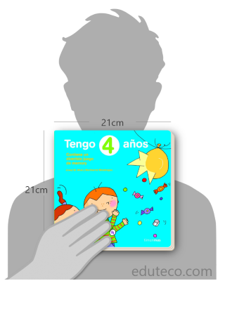Comparación del tamaño de el libro Tengo 4 años respecto a una persona. Este mide 21 centímetros de ancho por 21 centímetros de alto