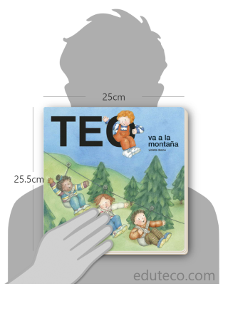 Comparación del tamaño de el libro Teo va a la montaña respecto a una persona. Este mide 25 centímetros de ancho por 25.5 centímetros de alto