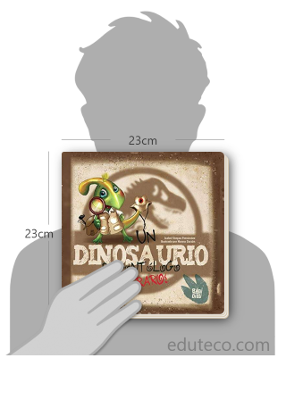 Comparación del tamaño de el libro Un dinosaurio paleontólogo : ¡Qué raro! respecto a una persona. Este mide 23 centímetros de ancho por 23 centímetros de alto