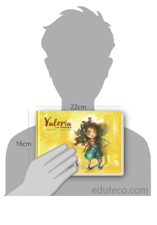 Comparación del tamaño de el libro Valeria y su sombra respecto a una persona. Este mide 22 centímetros de ancho por 16 centímetros de alto