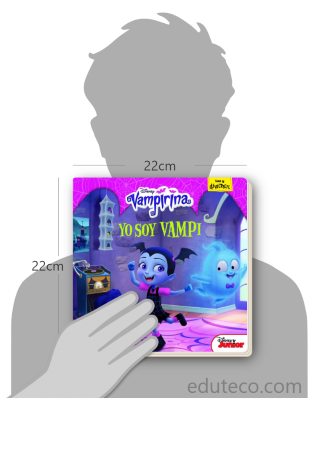 Comparación del tamaño de el libro Vampirina : Yo soy Vampi respecto a una persona. Este mide 22 centímetros de ancho por 22 centímetros de alto