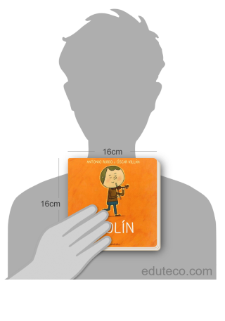 Comparación del tamaño de el libro Violín - De la cuna a la luna respecto a una persona. Este mide 16 centímetros de ancho por 16 centímetros de alto