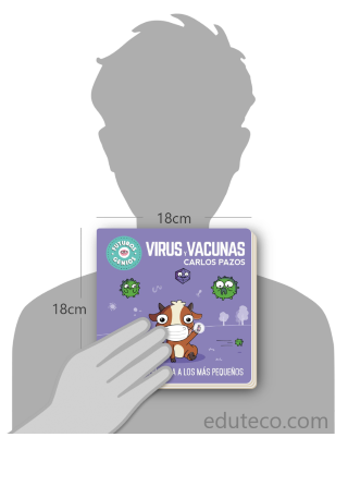 Comparación del tamaño de el libro Virus y vacunas respecto a una persona. Este mide 18 centímetros de ancho por 18 centímetros de alto
