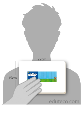 Comparación del tamaño de el libro Ya Llego! respecto a una persona. Este mide 22 centímetros de ancho por 15 centímetros de alto