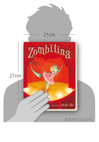 Comparación del tamaño de el libro Zombilina respecto a una persona. Este mide 21 centímetros de ancho por 27 centímetros de alto